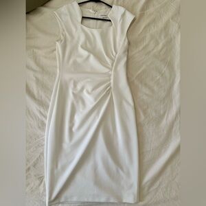 Brand New Calvin Klein White Ruched Sheath Midi Dress